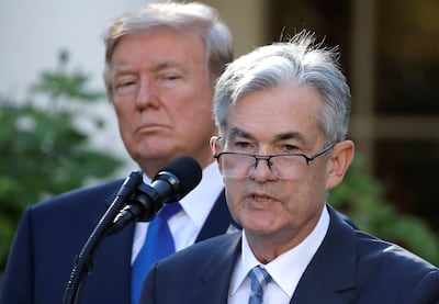 Donald Trump looks on as Jerome Powell, then nominee to become Fed chairman, speaks at the White House in Washington in 2017. Reuters