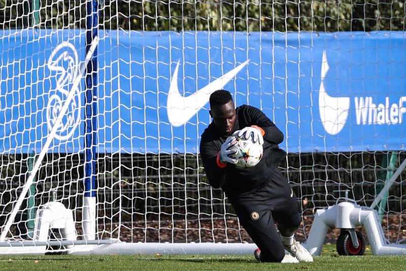 Chelsea goalkeeper Edouard Mendy makes a save at training. AFP