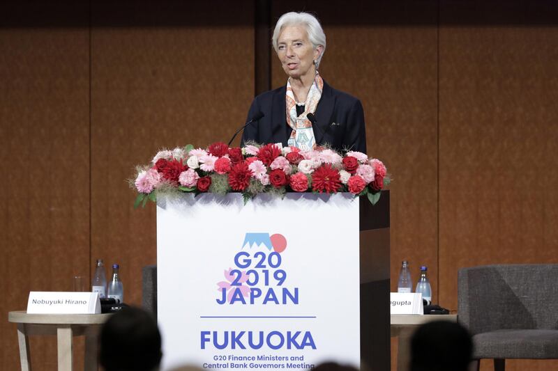 Christine Lagarde, managing director of the International Monetary Fund (IMF), speaks during a seminar on financial innovation at the Group of 20 (G-20) finance ministers and central bank governors meeting in Fukuoka, Japan, on Saturday, June 8, 2019. Lagarde shone a light on the darker side of fintech developments at the gathering of finance and central bank chiefs from the Group of 20 nations. Photographer: Kiyoshi Ota/Bloomberg