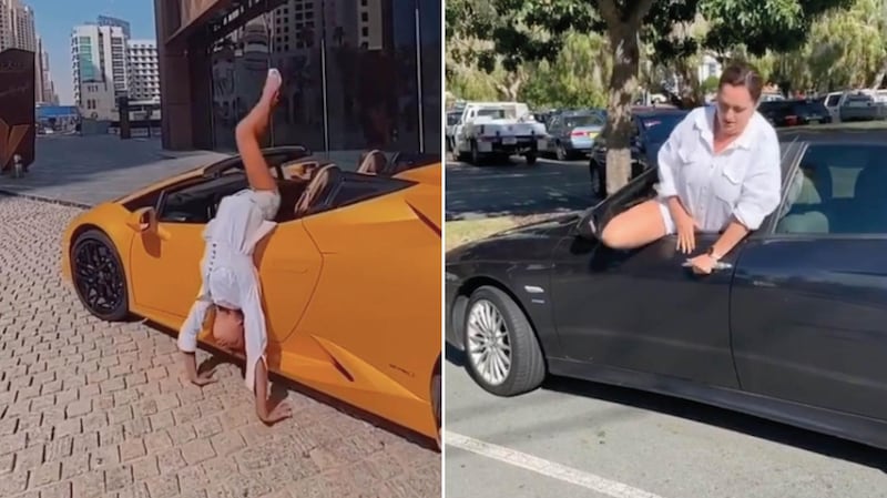 Left: Russian influencer Adelina Lazarova flipping out of a Lamborghini. Right: Australian comic Celeste Barber's spoof version. Instagram 