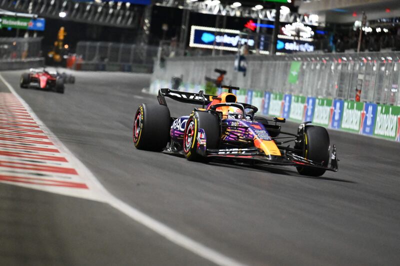 Red Bull's Max Verstappen on his way to winning his 18th race of the 2023 season at the Las Vegas Grand Prix on Sunday. AFP
