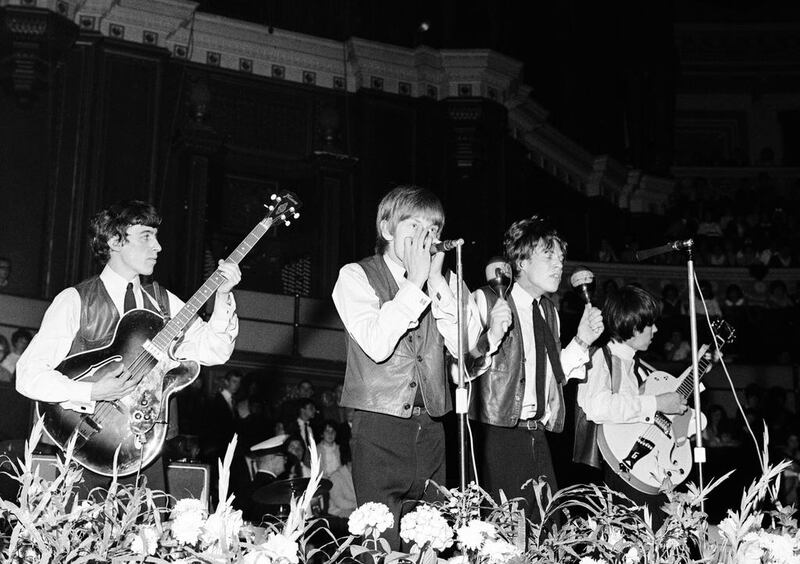 The Rolling Stones Bill Wyman, Brian Jones, Mick Jagger and Keith Richards on the stage at The Royal Albert Hall for The Great Pop Prom on September 15, 1963. Courtesy Royal Albert Hall