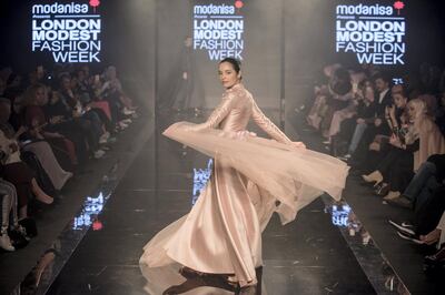 A model on the runway at London Modest Fashion Week