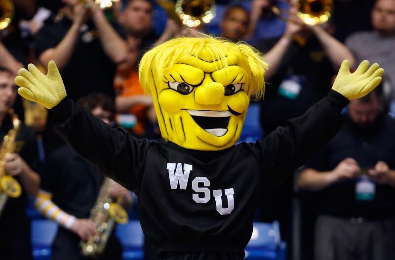 DAYTON, OH - MARCH 15: The Wichita State Shockers mascot performs during the game between the Wichita State Shockers and the Vanderbilt Commodores in the first round of the 2016 NCAA Men's Basketball Tournament at UD Arena on March 15, 2016 in Dayton, Ohio.   Gregory Shamus/Getty Images/AFP