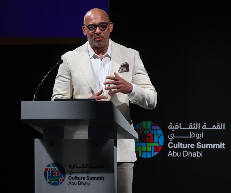 Harvey Mason Jr, chief executive of the Recording Academy, during his talk, Music and Influence on Global Culture, at the Culture Summit Abu Dhabi on Monday. Victor Besa / The National