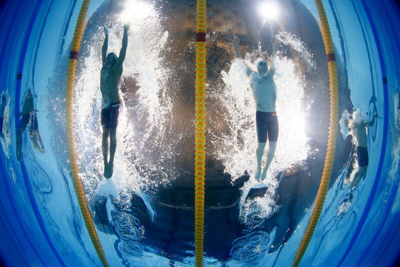 Serbia's Ivan Lendjer, second from the right, trains in Dubai with Hamilton Aquatics and will compete at the 2015 World Aquatics Championships, which starts Friday in Russia. (AP Photo/David J. Phillip)