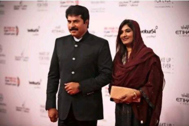 South Indian film star "Mammootty", with his wife Sulfath, at the opening of Abu Dhabi Film Festival 2012.