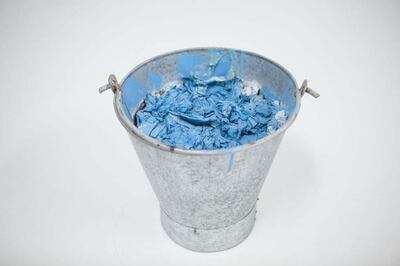 Hassan Sharif Untitled, 2016 Bucket, tissue paper, glue and oil paint 30 x 33 x 28 cm (HS/OB 963). Courtesy of the Estate of Hassan Sharif and Gallery Isabelle van den Eynde 