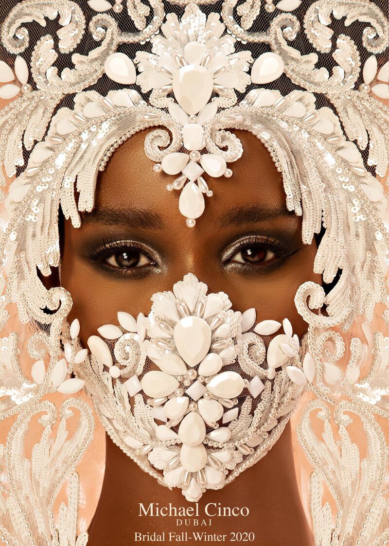 A closer look at the embellished mask used in the shoot.