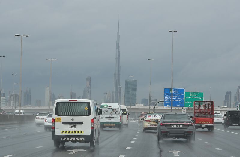 Traffic during the rain on Al Khail Road in Dubai. Pawan Singh / The National