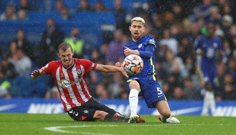 James Ward-Prowse fouls Jorginho that leads to the Southampton player's sending off. Getty