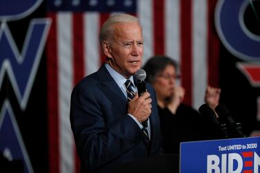 Joe Biden speaks during a town hall meeting in Iowa on Monday. AP