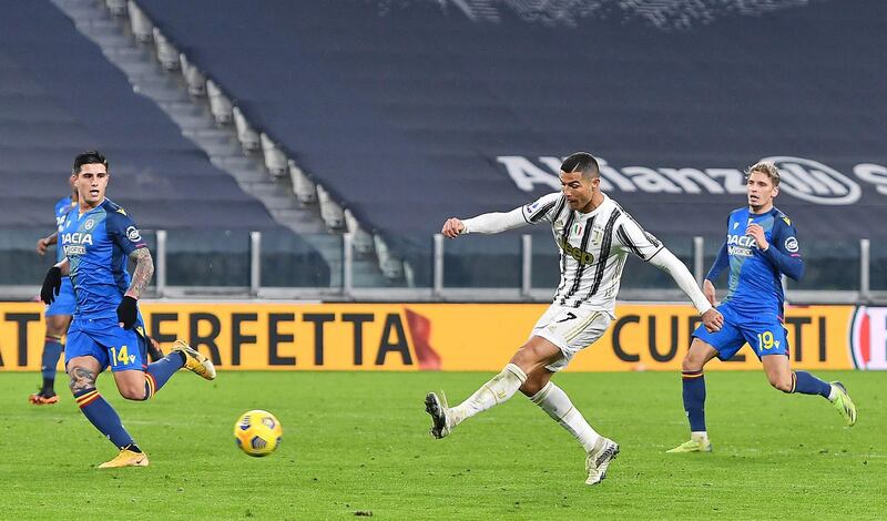 Cristiano Ronaldo scores his second goal for Juve in their Serie A win over Udinese. EPA