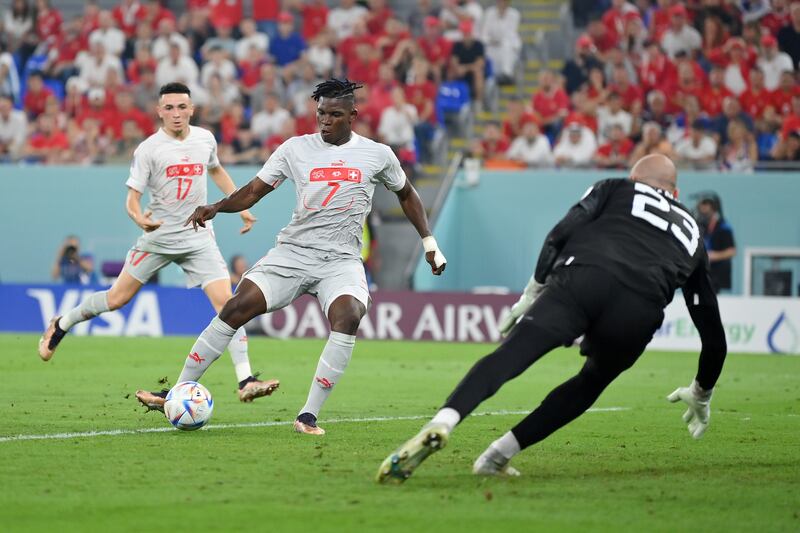 Breel Embolo scores Switzerland's second goal. Getty