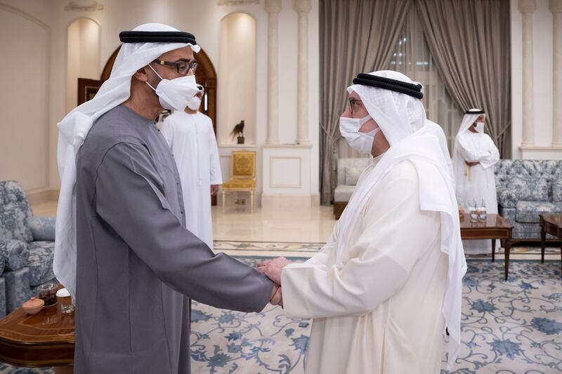 President Sheikh Mohamed greets Abdulrahman Al Awar, Minister of Human Resources and Emiratisation, at Mushrif Palace in Abu Dhabi after the death of Sheikh Khalifa.