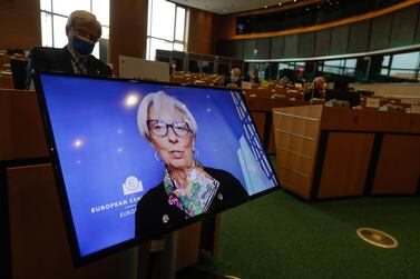 Christine Lagarde, President of the European Central Bank, shown on screen during a Committee on Economic and Monetary Affairs at the European Parliament in Brussels, Belgium. Ms Lagarde said the economic situation 'looks much brighter' than it did a year ago but the outlook remains uncertain. EPA