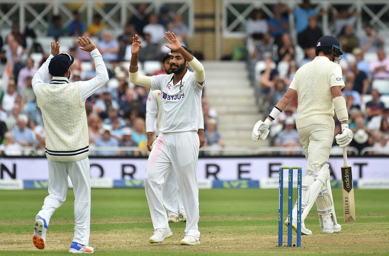 India's Jasprit Bumrah took four England wickets, including that of Stuart Broad, right, on the first day of the Test match at Trent Bridge.