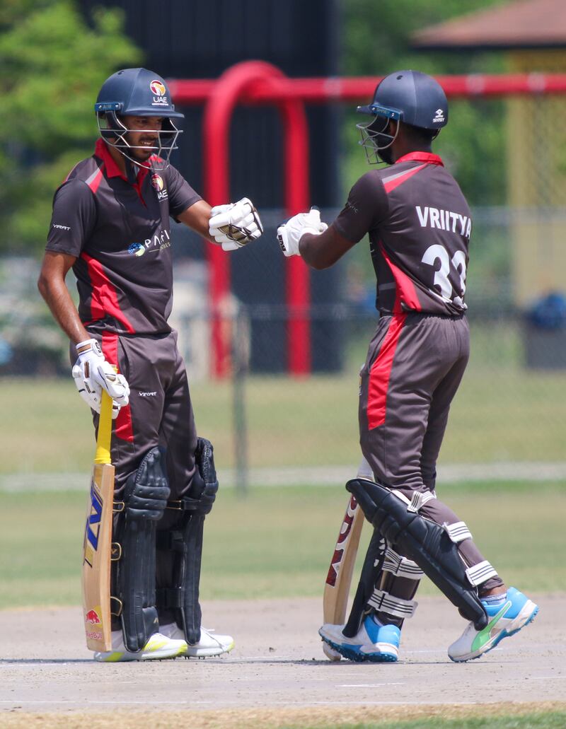Vriitya Aravind and Chirag Suri shared a stand of 66 for the second wicket as UAE made 215 from their 50 overs against Scotland in Texas. Photo: USA Cricket