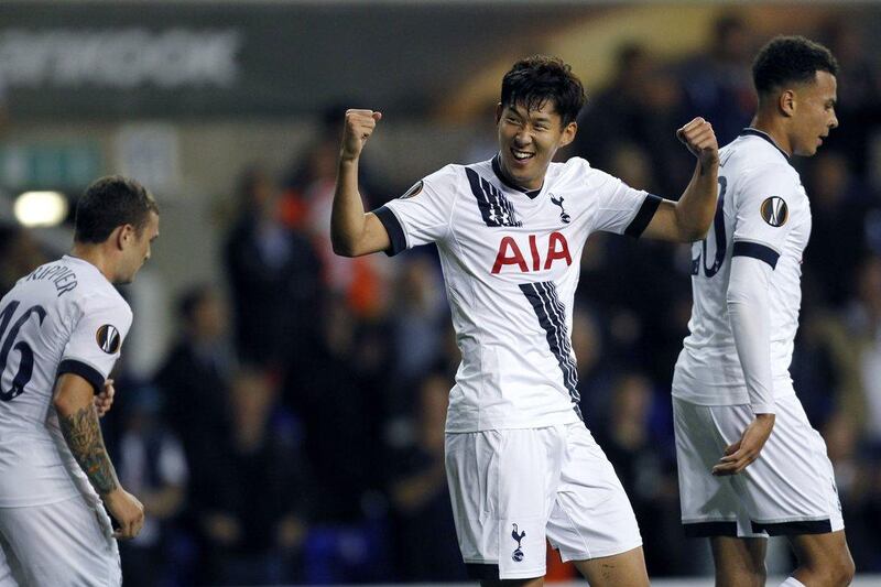 Tottenham Hotspur's South Korean striker Son Heung-min celebrates scoring in their Europa League victory on Thursday night. Ian Kington / AFP / September 17, 2015  