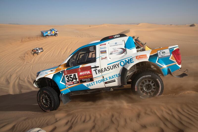 South African Hennie de Klerk drives his Nissan Navara during stage 8 of the Dakar Rally 2020 in Wadi Al-Dawasir, Saudi Arabia.  EPA