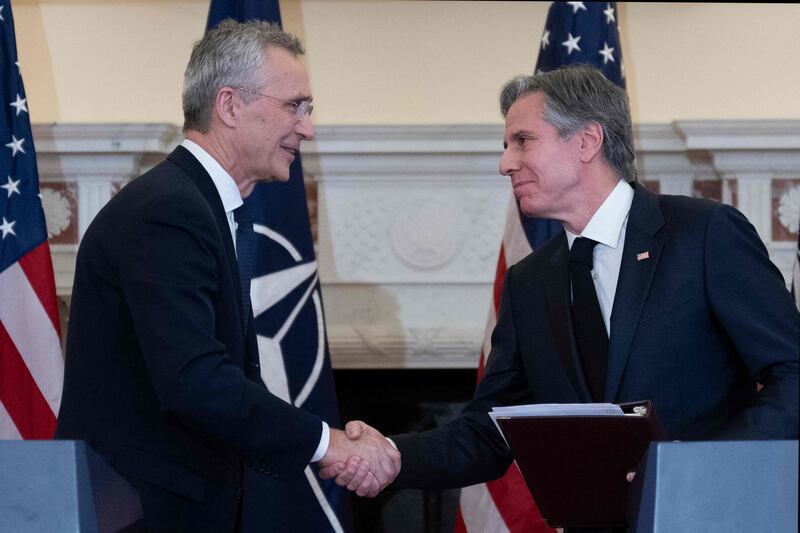 Nato secretary general Jens Stoltenberg, left, and US Secretary of State Antony Blinken in Washington on February 8. AFP