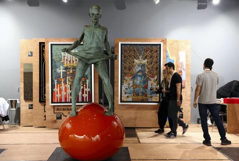 DUBAI , UNITED ARAB EMIRATES , MARCH 20  – 2017 :- Art work on display at the Dastan’s Basement , Tehran  stand during the Art Dubai held at Madinat Jumeirah in Dubai. ( Pawan Singh / The National ) For Arts & Life. Story by Melissa 