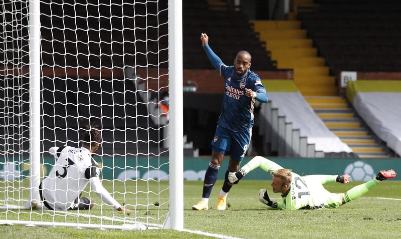 Arsenal's Alexandre Lacazette celebrates scoring the opener. EPA