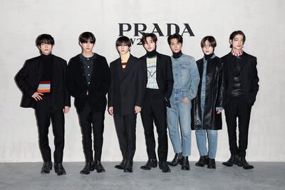 K-pop group Enhypen at the Prada show. Getty Images