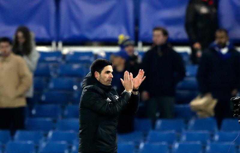 Arsenal coach Mikel Arteta applauds supporters at the end of the game. AP