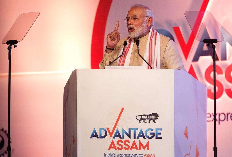 Indian Prime Minister Narendra Modi, delivers his speech at the inaugural function of Advantage Assam Global Investor's Summit 2018 in Gauhati, India, Saturday, Feb. 3, 2018. Advantage Assam - Global Investors' Summit is the largest investment promotion and facilitation initiative by the Government of Assam, to highlight geo-strategic advantages of Assam where 16 countries are participating. (AP Photo/Anupam Nath)