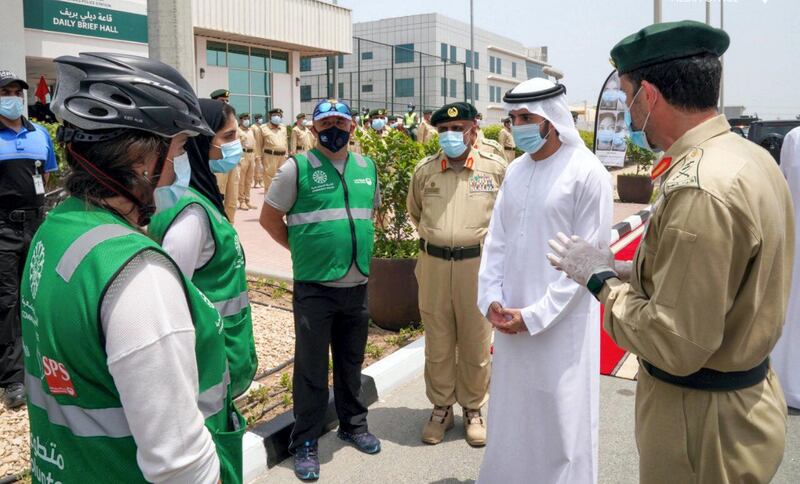 Hamdan bin Mohammed during his visit this morning to the Al Qusais police station. Courtesy: Dubai Media Office Twitter