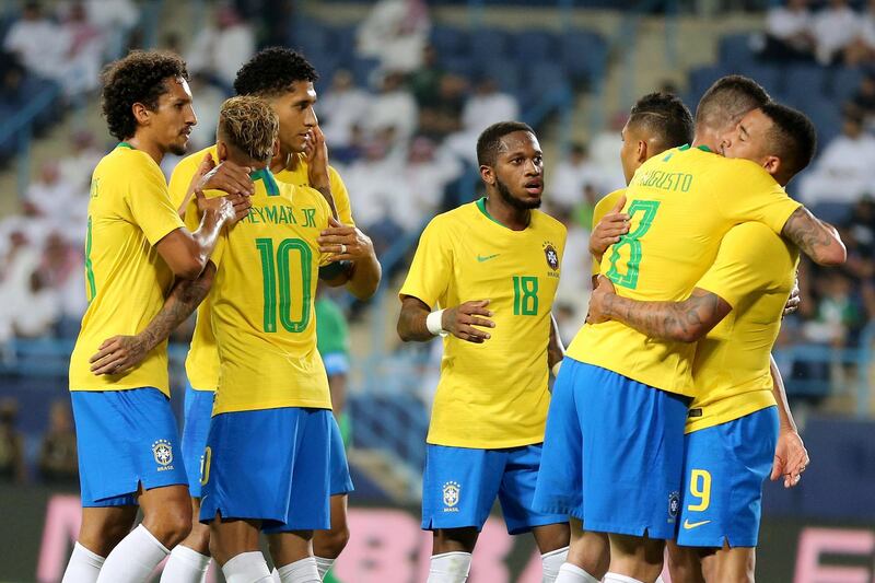 Brazil's Gabriel Jesus celebrates his goal with teammates. EPA
