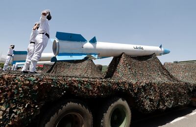 A Houthi missile is displayed in a military parade in Sanaa last month. EPA
