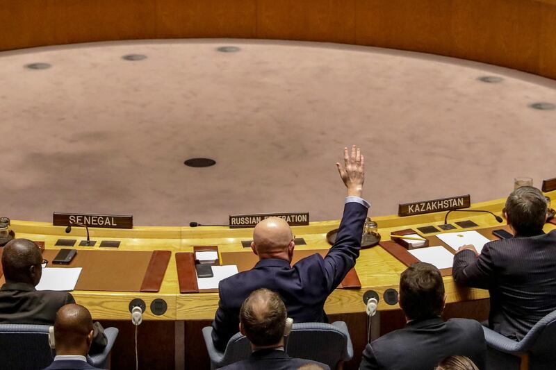 Russian Ambassador to the United Nations Vasily Nebenzya votes against a bid to renew an international inquiry into chemical weapons attacks in Syria, during a meeting of the U.N. Security Council at the United Nations headquarters in New York, U.S., November 17, 2017.  REUTERS/Brendan McDermid