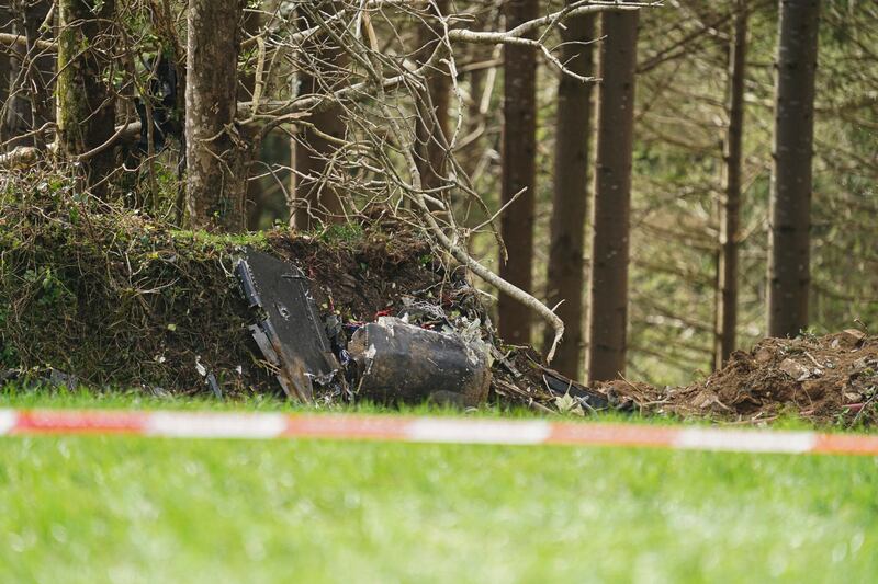 Airplane debris at the site where a Royal Navy jet came down in woods near Helston. Getty Images