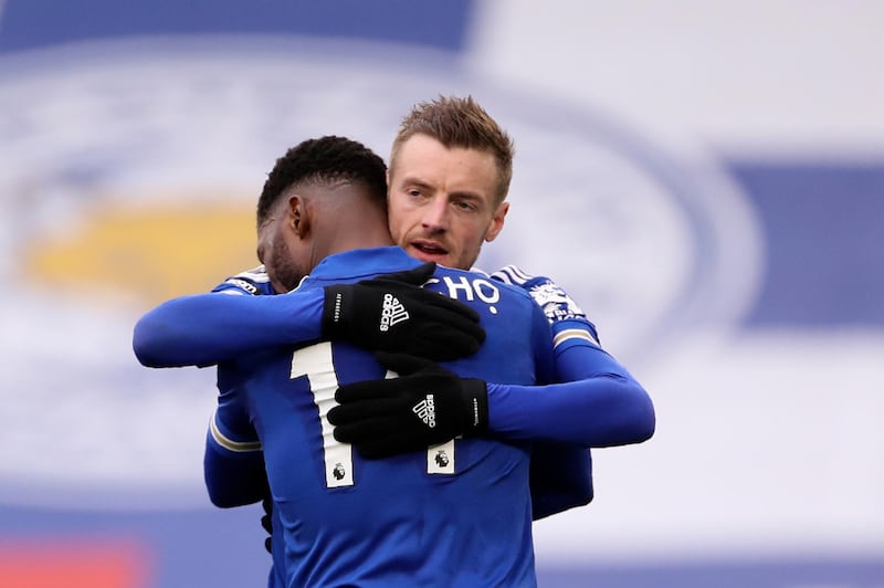 Leicester's Kelechi Iheanacho celebrates with Jamie Vardy after scoring the opening goal. AP