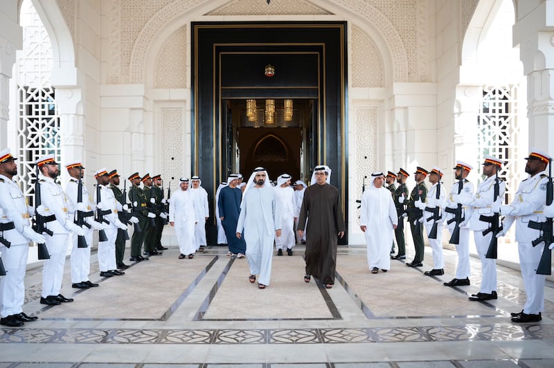 Sheikh Mohammed bin Rashid, Prime Minister and Ruler of Dubai, is accompanied by Sheikh Mansour bin Zayed, Vice President, Deputy Prime Minister and Chairman of the Presidential Court, at the first UAE Cabinet meeting of the year. All photos: Sheikh Mohammed bin Rashid / X