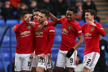 Soccer Football - FA Cup Fourth Round - Tranmere Rovers v Manchester United - Prenton Park, Birkenhead, Britain - January 26, 2020 Manchester United's Diogo Dalot celebrates scoring their second goal with teammates REUTERS/Scott Heppell