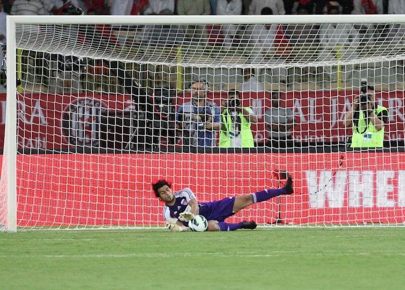 Dubai, United Arab Emirates, Sep 17, 2012 -  Dawoud Sulaiman, GK from  Al Ain stop a penal from Al Jazira playerduring the  Super Cup final match at Al Wasl Sports Club.  ( Jaime Puebla / The National Newspaper )