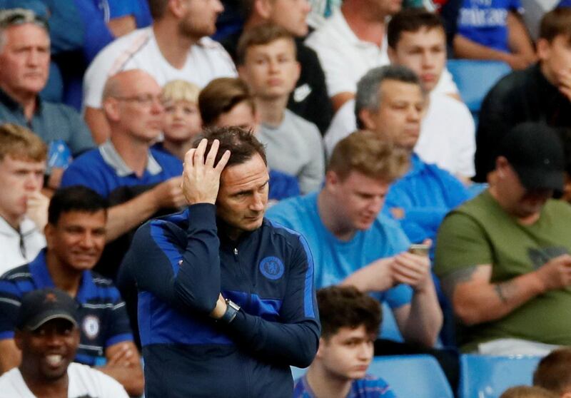 Soccer Football - Premier League - Chelsea v Sheffield United - Stamford Bridge, London, Britain - August 31, 2019  Chelsea manager Frank Lampard reacts  REUTERS/David Klein  EDITORIAL USE ONLY. No use with unauthorized audio, video, data, fixture lists, club/league logos or "live" services. Online in-match use limited to 75 images, no video emulation. No use in betting, games or single club/league/player publications.  Please contact your account representative for further details.