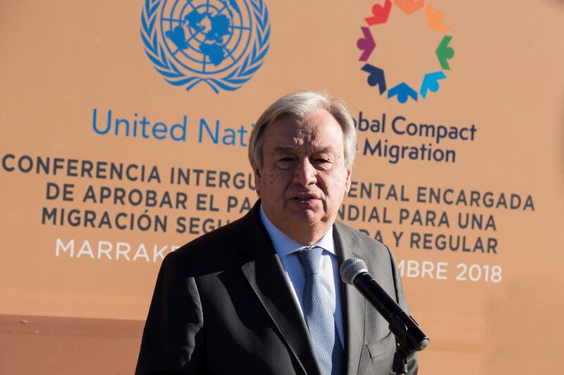 epa07221490 Unites Nations Secretary-General Antonio Guterres speaks to reporters with Special Representative of the United Nations Secretary-General for International Migration Louise Arbour (not pictured) during the Intergovernmental Conference on the Global Compact for Migration in Marrakech, Morocco, 10 December 2018. The UN report that more than 150 governments represented by their Heads of States, Heads of Government or senior officials are meeting in Marrakech on 10 - 11 December at the high-level Intergovernmental Conference to Adopt the Global Compact for Safe, Orderly and Regular Migration.  EPA/JALAL MORCHIDI