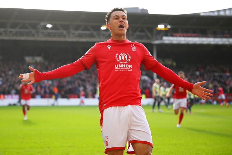 Brennan Johnson of Nottingham Forest celebrates after scoring their winner. Getty 