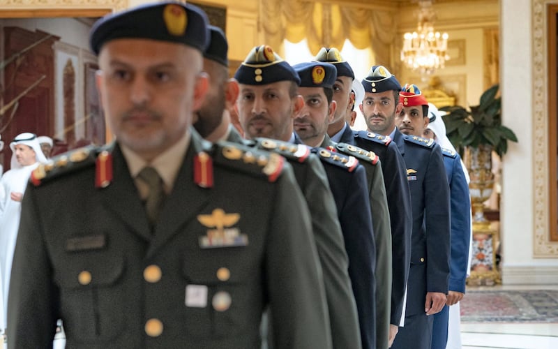 ABU DHABI, UNITED ARAB EMIRATES - April 08, 2019: Members of the UAE Armed Forces who received an Emirates Military Medal, attend a Sea Palace barza. Seen with HH Sheikh Mohamed bin Suroor Al Nahyan (3rd R).

( Mohamed Al Hammadi / Ministry of Presidential Affairs )
---