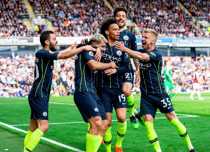 epa07534726 Manchester City's Sergio Aguero (2-L) celebrates with his teammates after scoring the 1-0 lead during the English Premier League soccer match between Burnley FC and Manchester City at the Turf Moor in Burnley, Britain, 28 April 2019.  EPA/PETER POWELL EDITORIAL USE ONLY. No use with unauthorized audio, video, data, fixture lists, club/league logos or 'live' services. Online in-match use limited to 120 images, no video emulation. No use in betting, games or single club/league/player publications