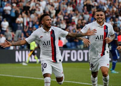 Neymar celebrates his winner against Strasbourg with new PSG loan signing Mauro Icardi, right. AP Photo