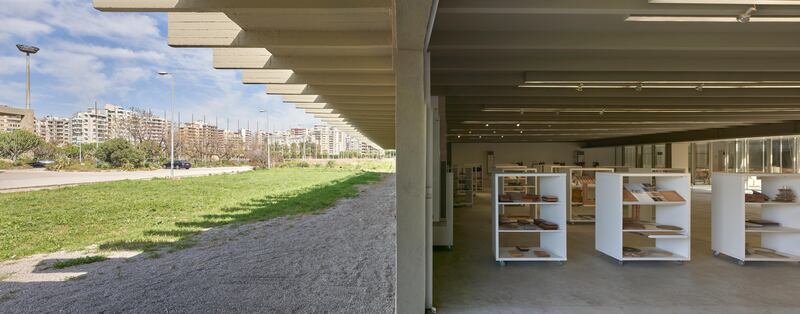 A view of the guest house's surroundings and material library. 