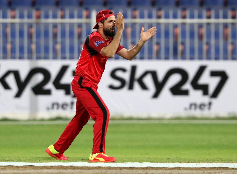 Sharjah, United Arab Emirates - Reporter: Paul Radley. Sport. Cricket. Sharjah's Rohan Mustafa bowls Fujairah's Jiju Janardhanan. The second season of the Emirates D10, Fujairah v Sharjah. Wednesday, March 24th, 2021. Sharjah. Chris Whiteoak / The National