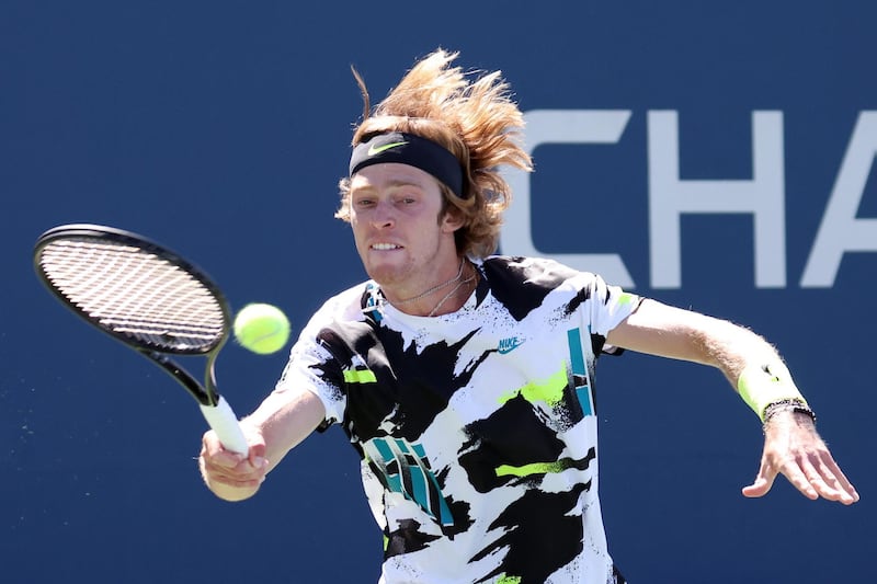 NEW YORK, NEW YORK - SEPTEMBER 05: Andrey Rublev of Russia returns a shot during his Men's Singles third round match against Salvatore Caruso of Italy on Day Six of the 2020 US Open at USTA Billie Jean King National Tennis Center on September 05, 2020 in the Queens borough of New York City.   Al Bello/Getty Images/AFP
== FOR NEWSPAPERS, INTERNET, TELCOS & TELEVISION USE ONLY ==
