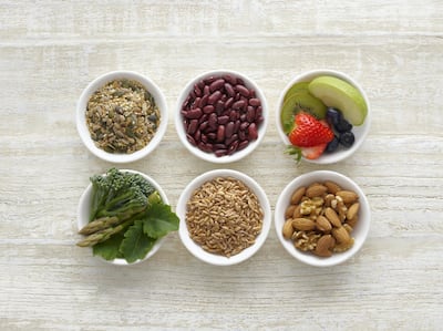 High fibre foods in bowls, still life.