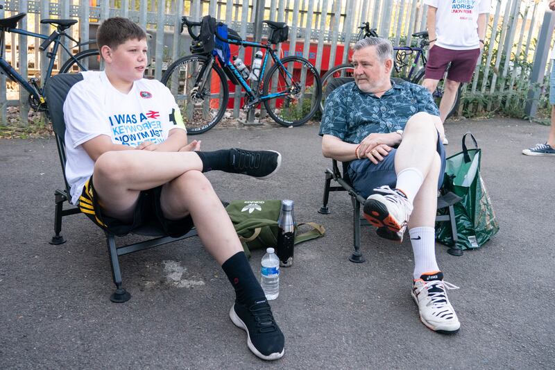 Labour MP Barry Gardiner, right, meets Aslef members and supporters on a picket line at Willesden Junction Station in London, as members of the drivers' union at nine train operating companies walk out for 24 hours over pay. 